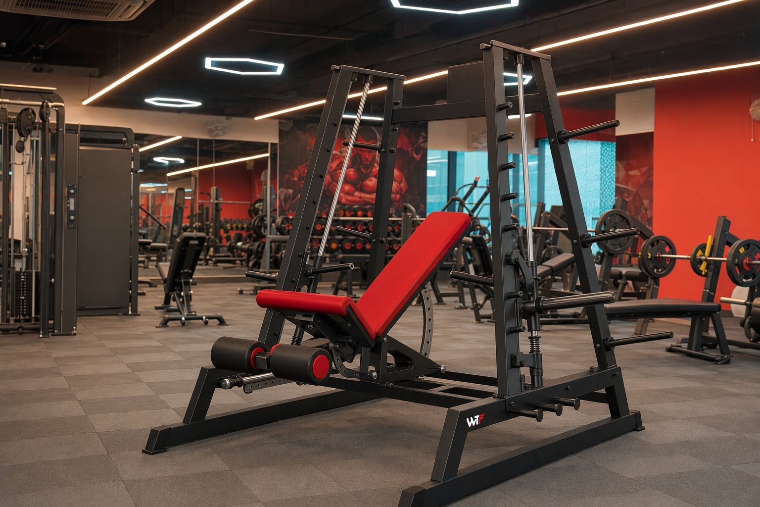 Free-weight benches and platforms inside a live WTF gym