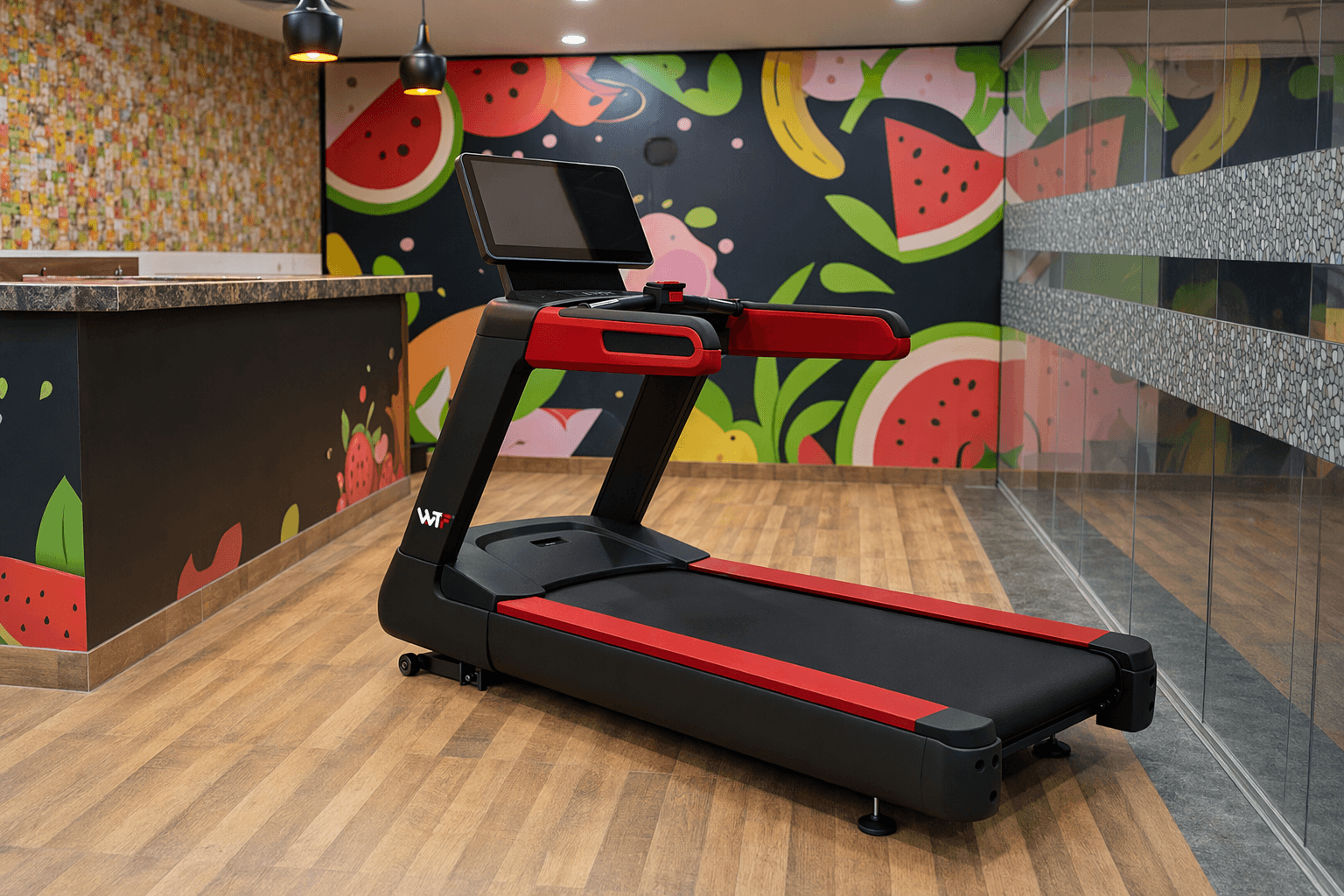 A WTF commercial treadmill on the floor of a WTF training center